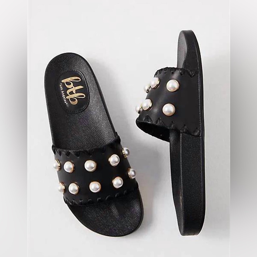 bfleather Black Pearl-Embellished Slide Sandals
